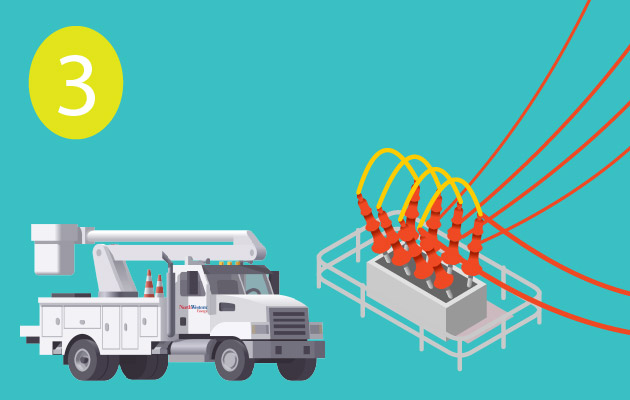 A graphic of a bucket truck near a substation